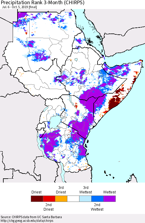 Eastern Africa Precipitation Rank since 1981, 3-Month (CHIRPS) Thematic Map For 7/6/2019 - 10/5/2019