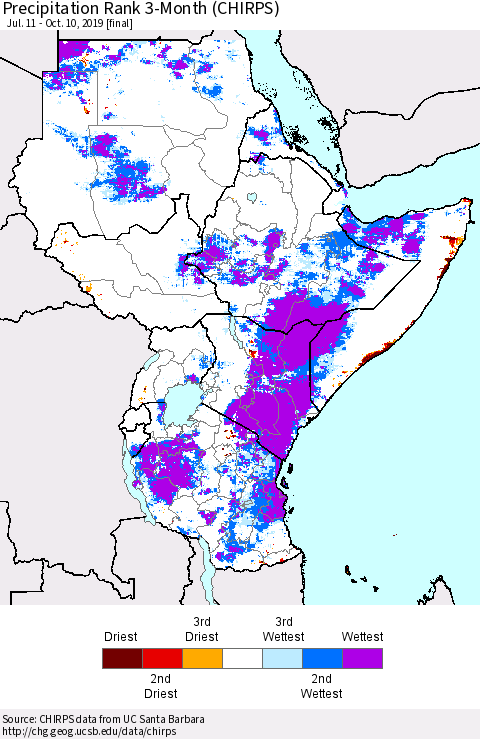 Eastern Africa Precipitation Rank since 1981, 3-Month (CHIRPS) Thematic Map For 7/11/2019 - 10/10/2019