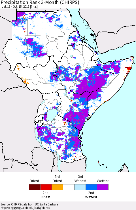 Eastern Africa Precipitation Rank since 1981, 3-Month (CHIRPS) Thematic Map For 7/16/2019 - 10/15/2019