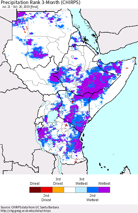 Eastern Africa Precipitation Rank since 1981, 3-Month (CHIRPS) Thematic Map For 7/21/2019 - 10/20/2019