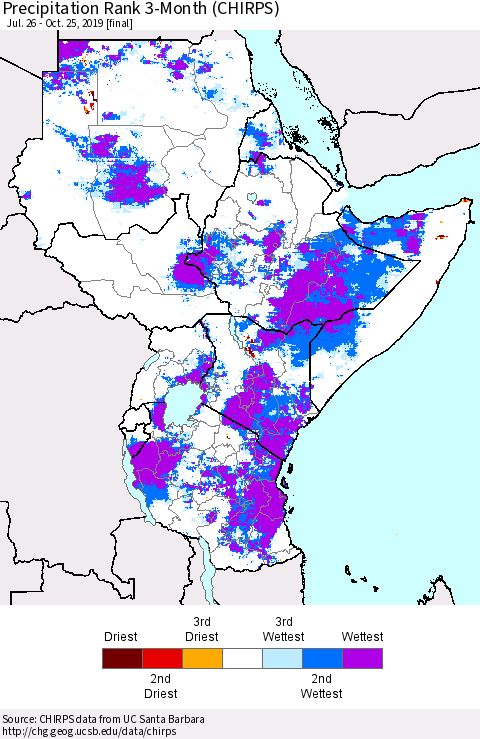 Eastern Africa Precipitation Rank since 1981, 3-Month (CHIRPS) Thematic Map For 7/26/2019 - 10/25/2019