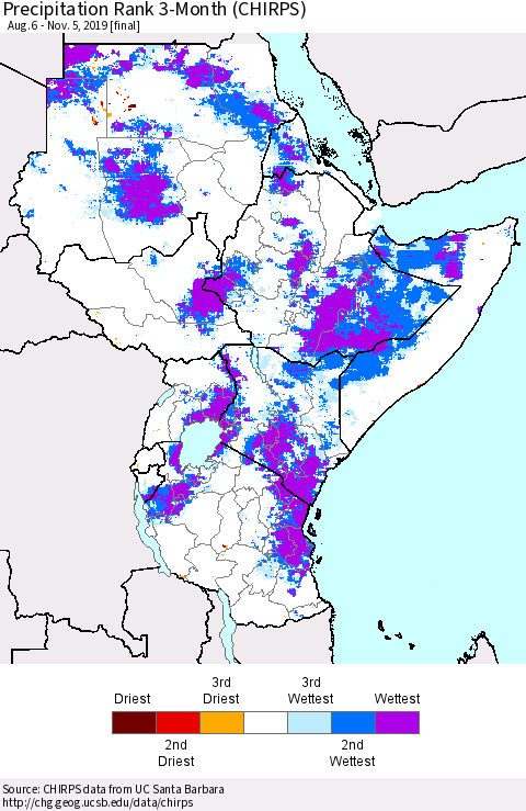 Eastern Africa Precipitation Rank since 1981, 3-Month (CHIRPS) Thematic Map For 8/6/2019 - 11/5/2019