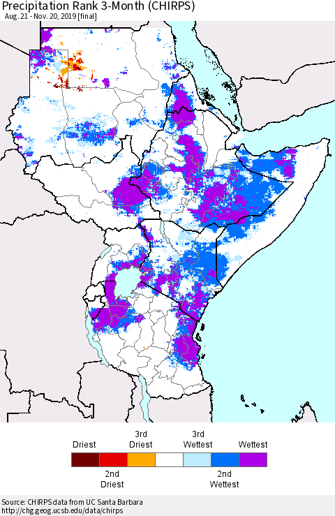 Eastern Africa Precipitation Rank since 1981, 3-Month (CHIRPS) Thematic Map For 8/21/2019 - 11/20/2019