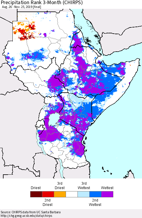 Eastern Africa Precipitation Rank since 1981, 3-Month (CHIRPS) Thematic Map For 8/26/2019 - 11/25/2019
