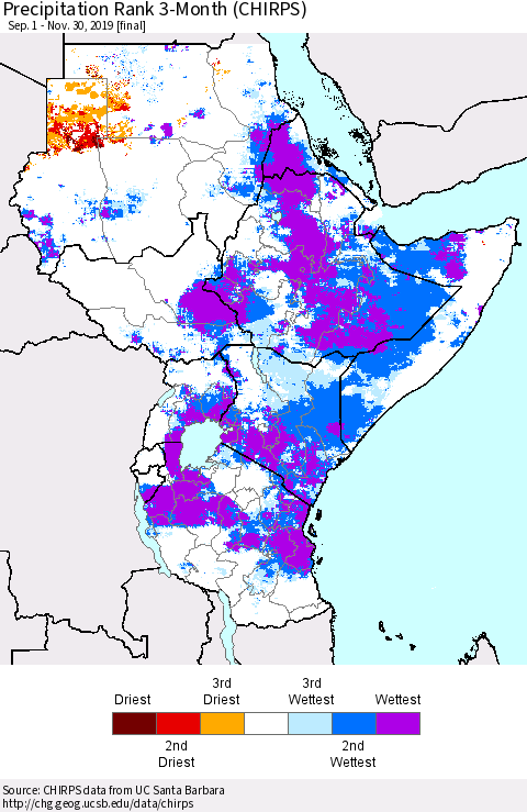 Eastern Africa Precipitation Rank since 1981, 3-Month (CHIRPS) Thematic Map For 9/1/2019 - 11/30/2019