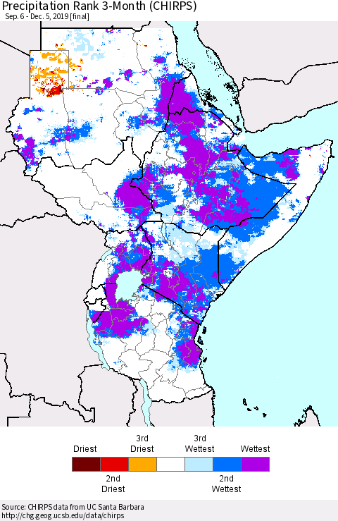 Eastern Africa Precipitation Rank since 1981, 3-Month (CHIRPS) Thematic Map For 9/6/2019 - 12/5/2019