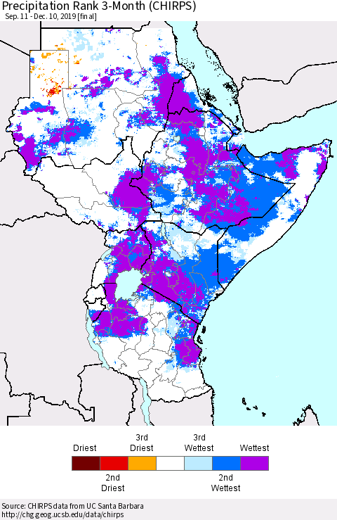 Eastern Africa Precipitation Rank since 1981, 3-Month (CHIRPS) Thematic Map For 9/11/2019 - 12/10/2019