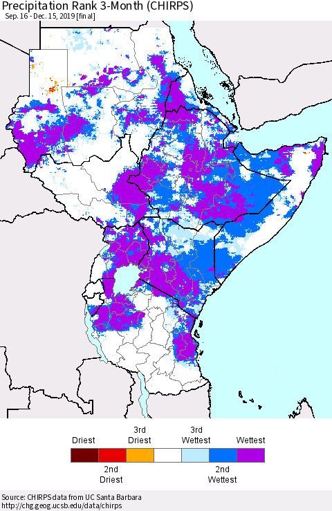 Eastern Africa Precipitation Rank since 1981, 3-Month (CHIRPS) Thematic Map For 9/16/2019 - 12/15/2019