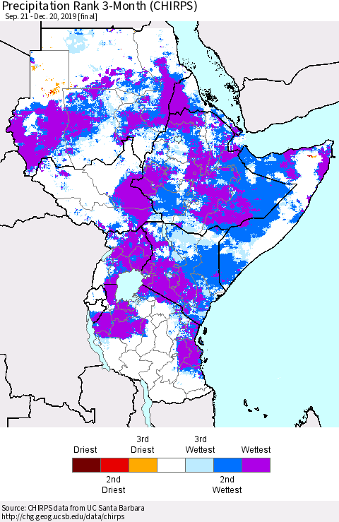 Eastern Africa Precipitation Rank since 1981, 3-Month (CHIRPS) Thematic Map For 9/21/2019 - 12/20/2019