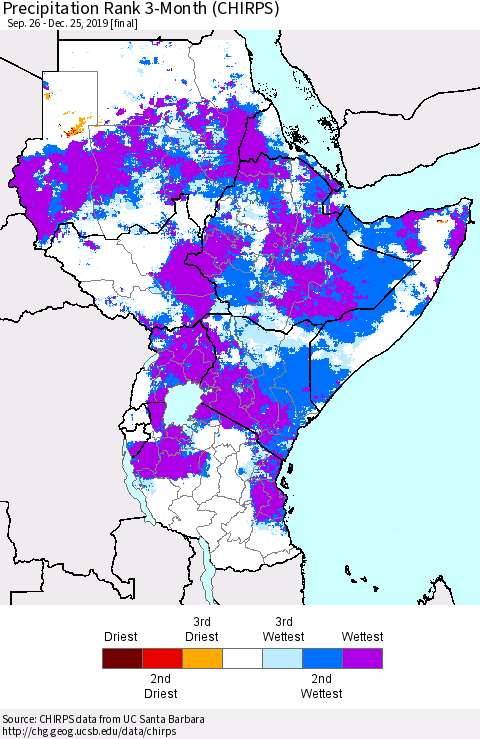 Eastern Africa Precipitation Rank since 1981, 3-Month (CHIRPS) Thematic Map For 9/26/2019 - 12/25/2019