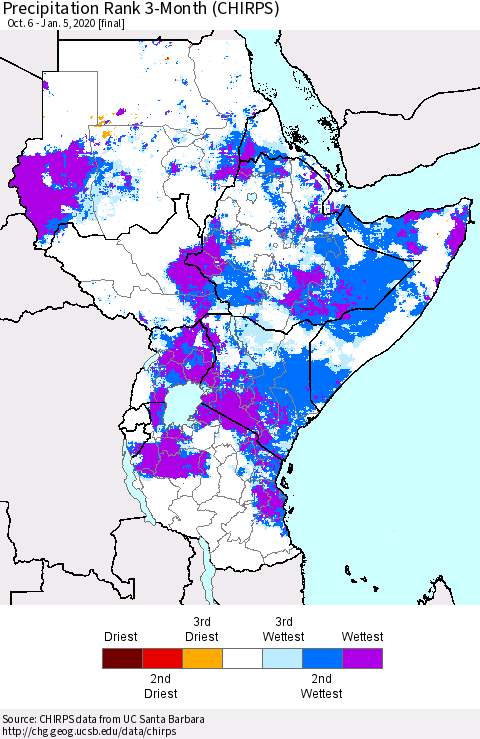 Eastern Africa Precipitation Rank 3-Month (CHIRPS) Thematic Map For 10/6/2019 - 1/5/2020