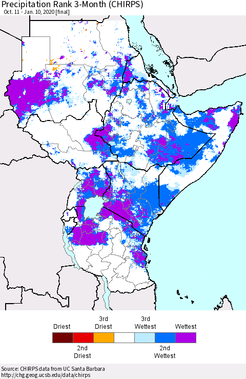 Eastern Africa Precipitation Rank 3-Month (CHIRPS) Thematic Map For 10/11/2019 - 1/10/2020