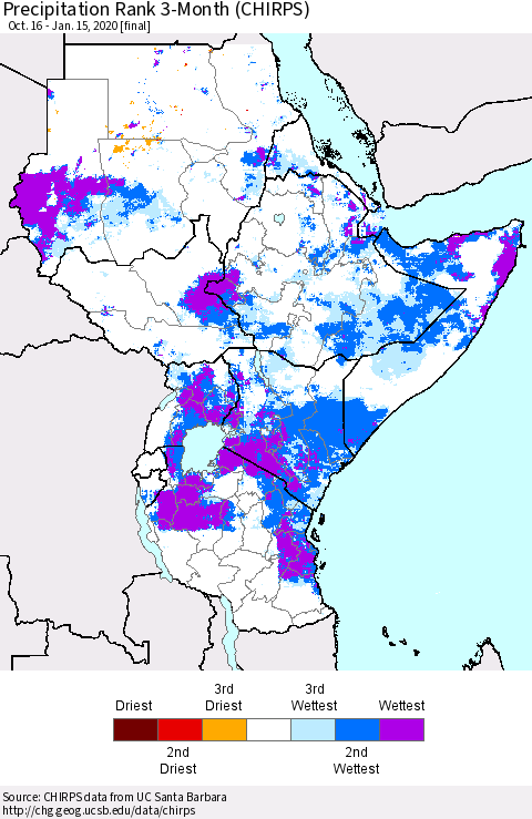 Eastern Africa Precipitation Rank 3-Month (CHIRPS) Thematic Map For 10/16/2019 - 1/15/2020