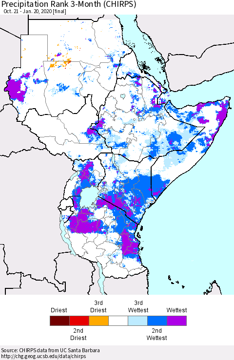 Eastern Africa Precipitation Rank 3-Month (CHIRPS) Thematic Map For 10/21/2019 - 1/20/2020