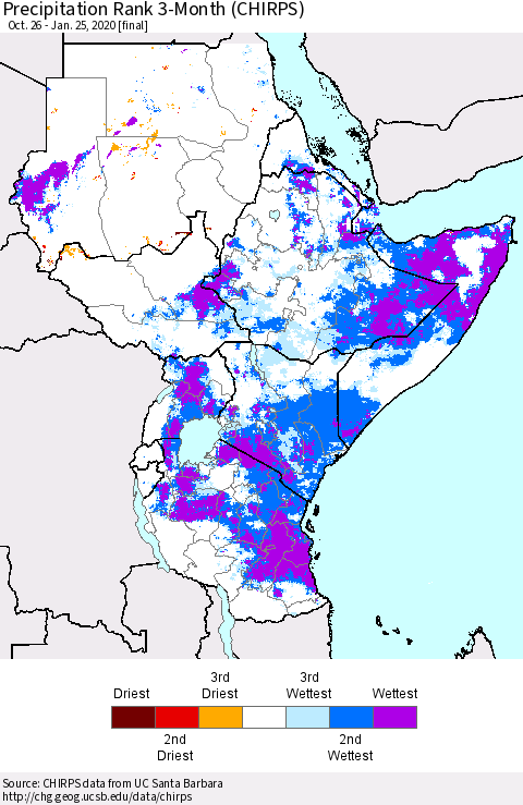 Eastern Africa Precipitation Rank 3-Month (CHIRPS) Thematic Map For 10/26/2019 - 1/25/2020