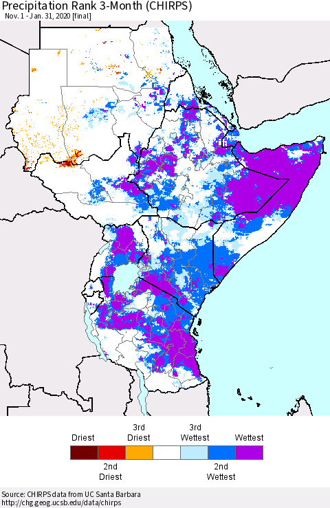 Eastern Africa Precipitation Rank since 1981, 3-Month (CHIRPS) Thematic Map For 11/1/2019 - 1/31/2020