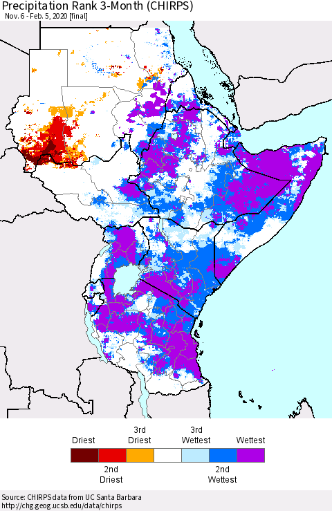 Eastern Africa Precipitation Rank 3-Month (CHIRPS) Thematic Map For 11/6/2019 - 2/5/2020