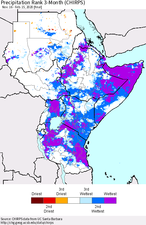 Eastern Africa Precipitation Rank since 1981, 3-Month (CHIRPS) Thematic Map For 11/16/2019 - 2/15/2020