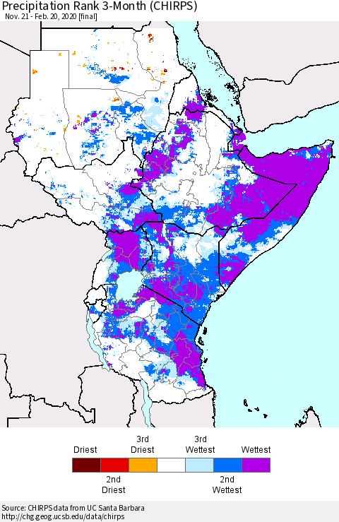 Eastern Africa Precipitation Rank 3-Month (CHIRPS) Thematic Map For 11/21/2019 - 2/20/2020