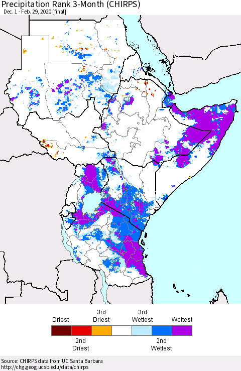 Eastern Africa Precipitation Rank since 1981, 3-Month (CHIRPS) Thematic Map For 12/1/2019 - 2/29/2020