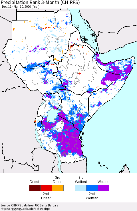 Eastern Africa Precipitation Rank 3-Month (CHIRPS) Thematic Map For 12/11/2019 - 3/10/2020