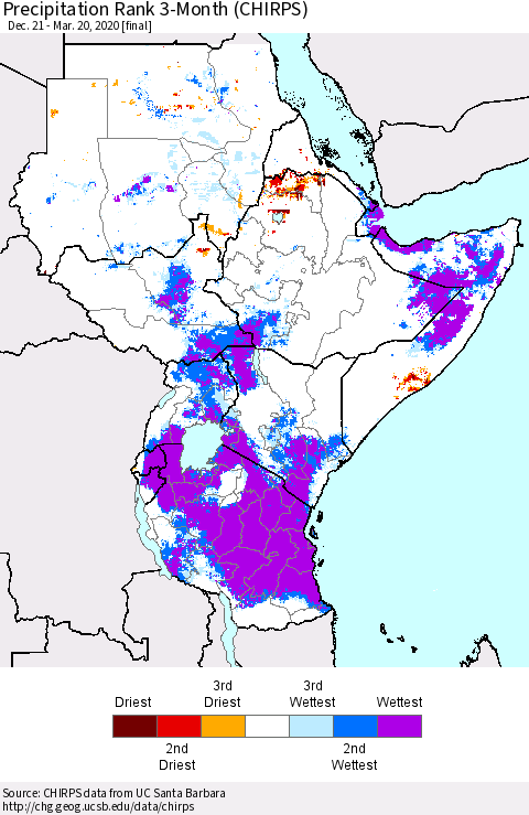 Eastern Africa Precipitation Rank 3-Month (CHIRPS) Thematic Map For 12/21/2019 - 3/20/2020