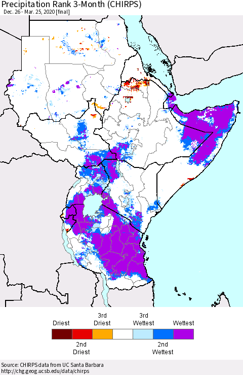 Eastern Africa Precipitation Rank since 1981, 3-Month (CHIRPS) Thematic Map For 12/26/2019 - 3/25/2020