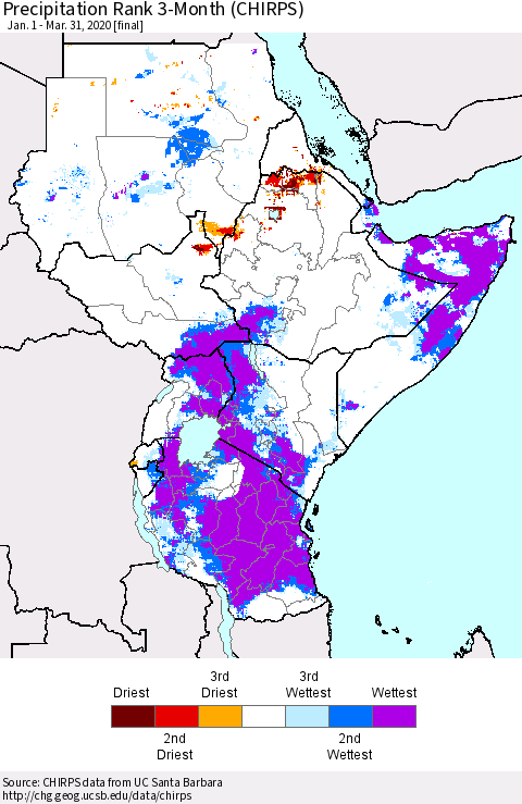 Eastern Africa Precipitation Rank since 1981, 3-Month (CHIRPS) Thematic Map For 1/1/2020 - 3/31/2020