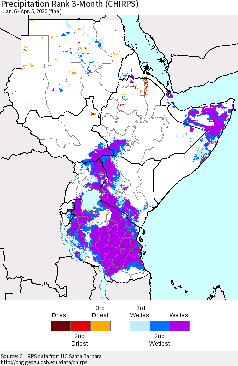 Eastern Africa Precipitation Rank since 1981, 3-Month (CHIRPS) Thematic Map For 1/6/2020 - 4/5/2020