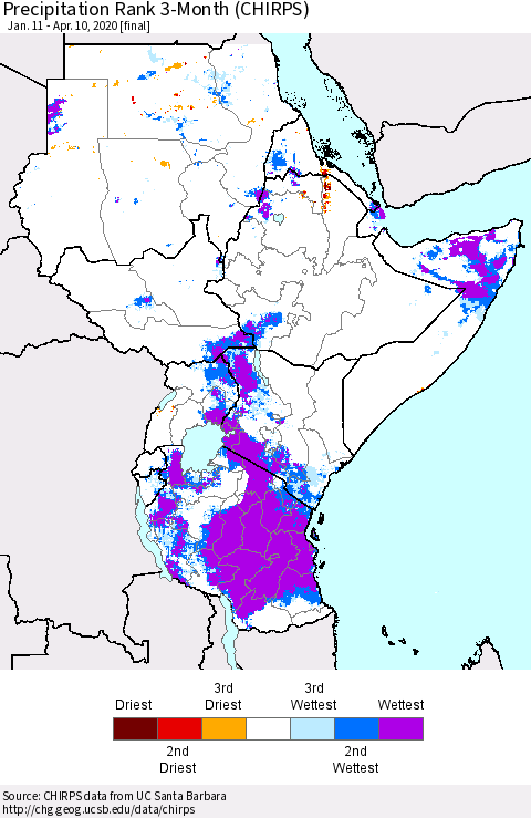 Eastern Africa Precipitation Rank since 1981, 3-Month (CHIRPS) Thematic Map For 1/11/2020 - 4/10/2020
