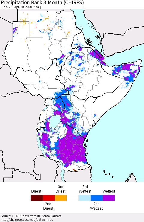 Eastern Africa Precipitation Rank since 1981, 3-Month (CHIRPS) Thematic Map For 1/21/2020 - 4/20/2020