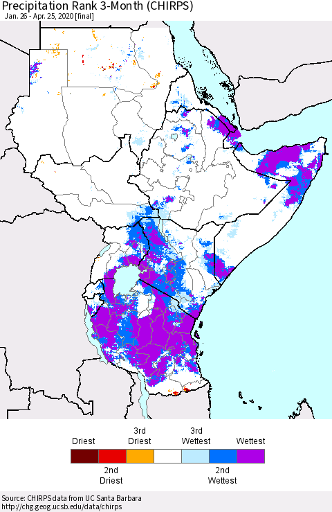 Eastern Africa Precipitation Rank since 1981, 3-Month (CHIRPS) Thematic Map For 1/26/2020 - 4/25/2020