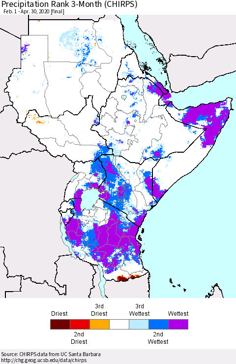 Eastern Africa Precipitation Rank 3-Month (CHIRPS) Thematic Map For 2/1/2020 - 4/30/2020
