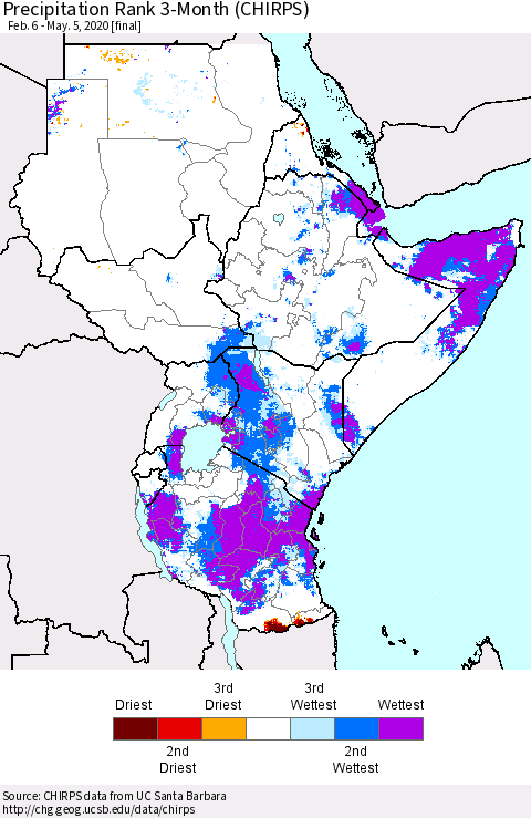 Eastern Africa Precipitation Rank 3-Month (CHIRPS) Thematic Map For 2/6/2020 - 5/5/2020