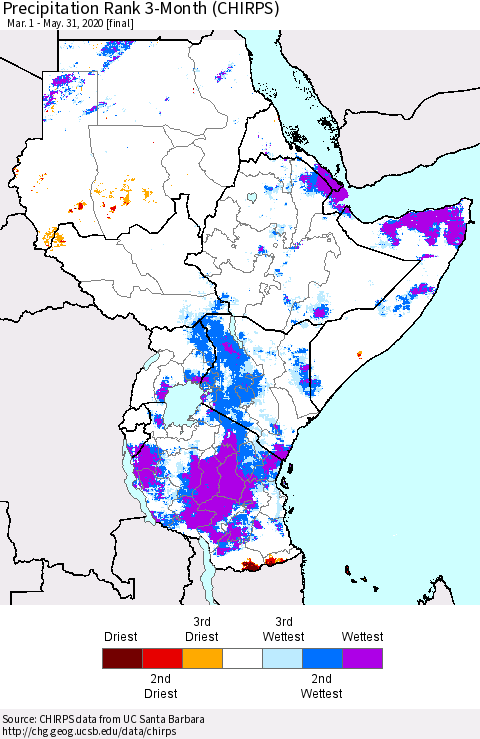 Eastern Africa Precipitation Rank since 1981, 3-Month (CHIRPS) Thematic Map For 3/1/2020 - 5/31/2020