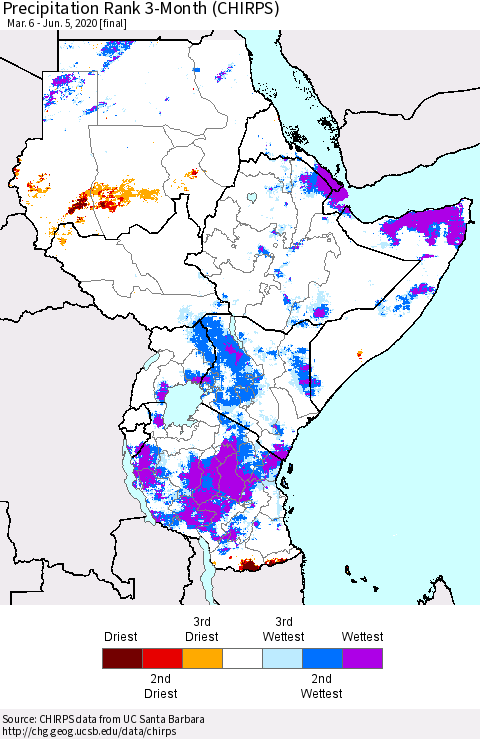 Eastern Africa Precipitation Rank 3-Month (CHIRPS) Thematic Map For 3/6/2020 - 6/5/2020