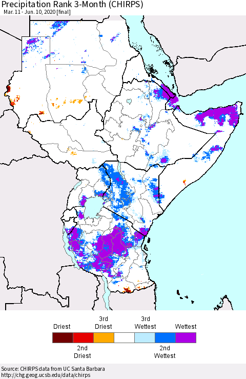 Eastern Africa Precipitation Rank 3-Month (CHIRPS) Thematic Map For 3/11/2020 - 6/10/2020