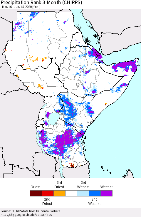 Eastern Africa Precipitation Rank 3-Month (CHIRPS) Thematic Map For 3/16/2020 - 6/15/2020