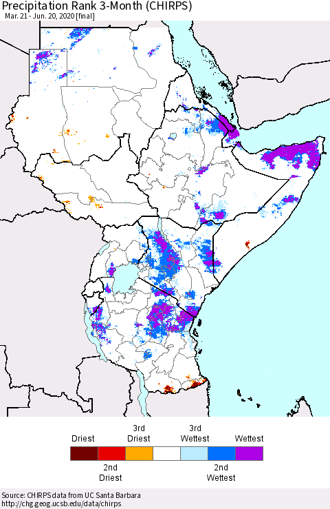 Eastern Africa Precipitation Rank since 1981, 3-Month (CHIRPS) Thematic Map For 3/21/2020 - 6/20/2020
