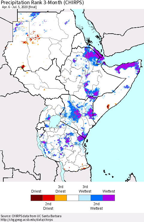 Eastern Africa Precipitation Rank 3-Month (CHIRPS) Thematic Map For 4/6/2020 - 7/5/2020