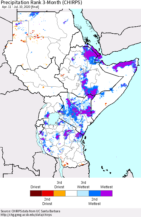 Eastern Africa Precipitation Rank 3-Month (CHIRPS) Thematic Map For 4/11/2020 - 7/10/2020