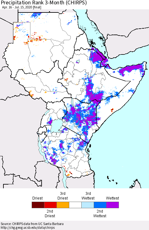 Eastern Africa Precipitation Rank 3-Month (CHIRPS) Thematic Map For 4/16/2020 - 7/15/2020