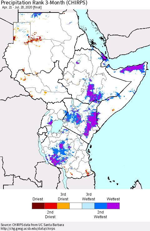 Eastern Africa Precipitation Rank 3-Month (CHIRPS) Thematic Map For 4/21/2020 - 7/20/2020