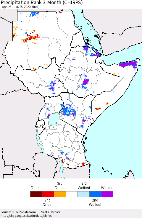 Eastern Africa Precipitation Rank 3-Month (CHIRPS) Thematic Map For 4/26/2020 - 7/25/2020