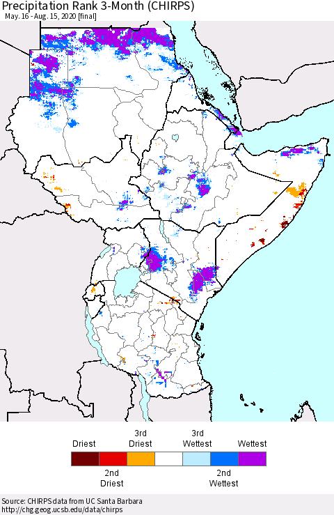 Eastern Africa Precipitation Rank 3-Month (CHIRPS) Thematic Map For 5/16/2020 - 8/15/2020