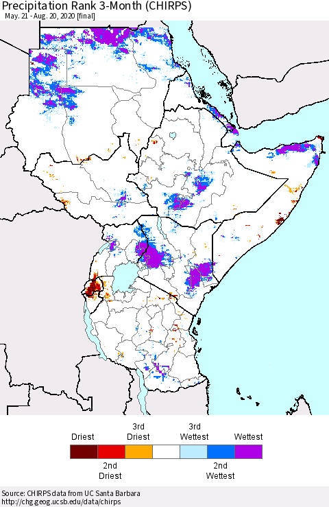 Eastern Africa Precipitation Rank 3-Month (CHIRPS) Thematic Map For 5/21/2020 - 8/20/2020