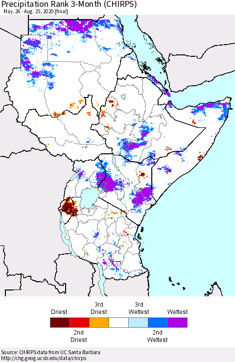 Eastern Africa Precipitation Rank 3-Month (CHIRPS) Thematic Map For 5/26/2020 - 8/25/2020