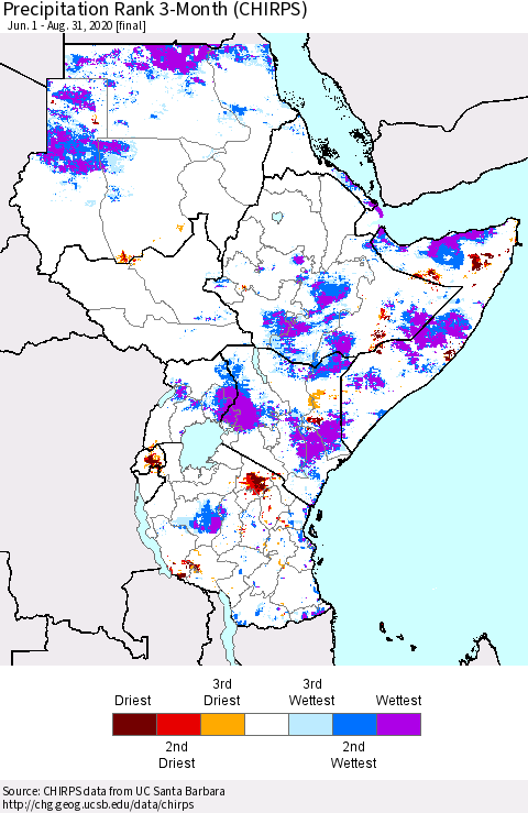 Eastern Africa Precipitation Rank since 1981, 3-Month (CHIRPS) Thematic Map For 6/1/2020 - 8/31/2020