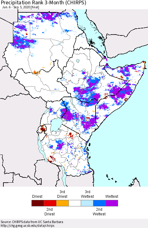 Eastern Africa Precipitation Rank 3-Month (CHIRPS) Thematic Map For 6/6/2020 - 9/5/2020