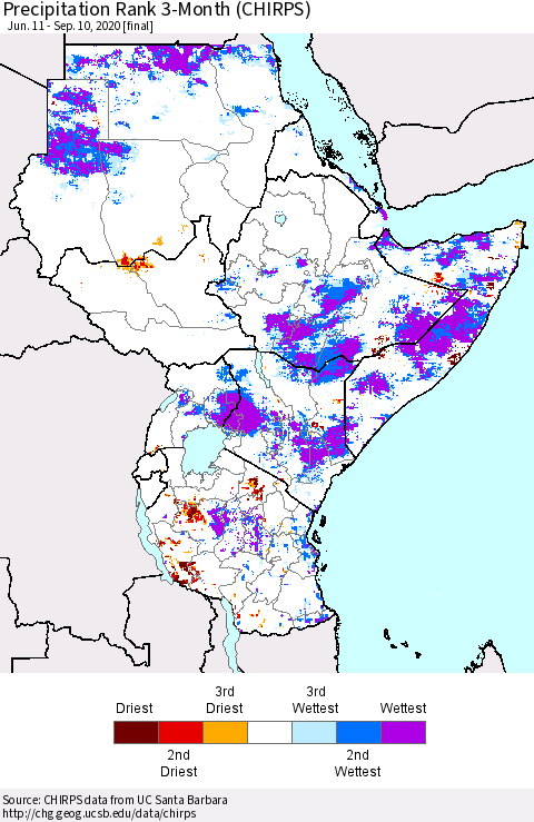 Eastern Africa Precipitation Rank 3-Month (CHIRPS) Thematic Map For 6/11/2020 - 9/10/2020